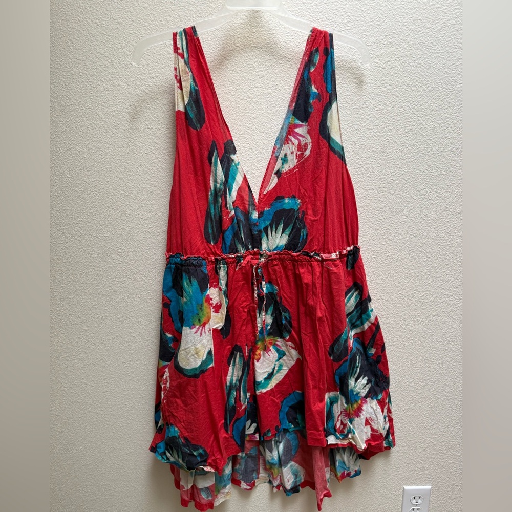 Lola Rose by Cacique Red Floral V-Neck Drawstring Sundress/Cover Up